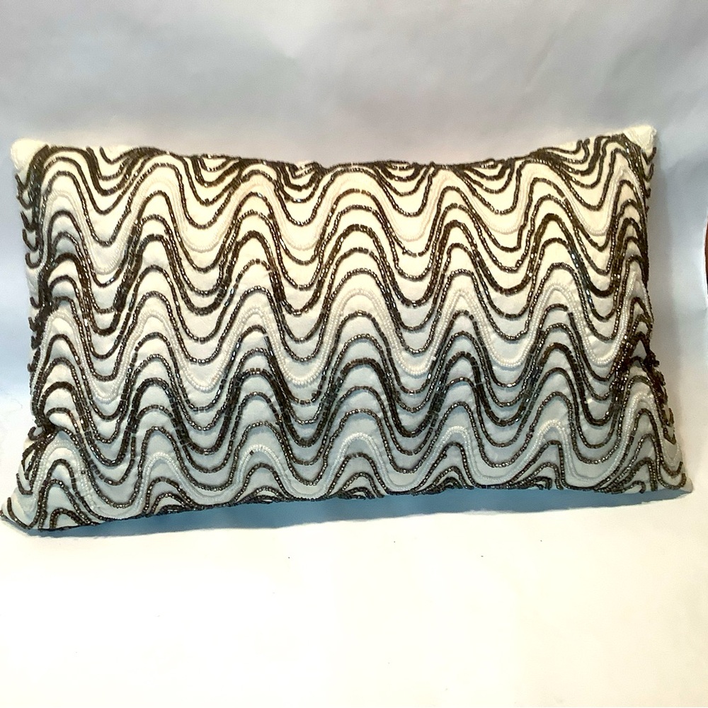 Pier 1 Beaded Throw Pillow Metallic Cream Bronze Wave Satin Back 20" X 12"